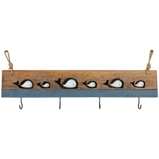 33.63" x 13.25" Brown Wood Handmade Distressed 4 Hanger Wall Hook with White Whales and Hanging Rope